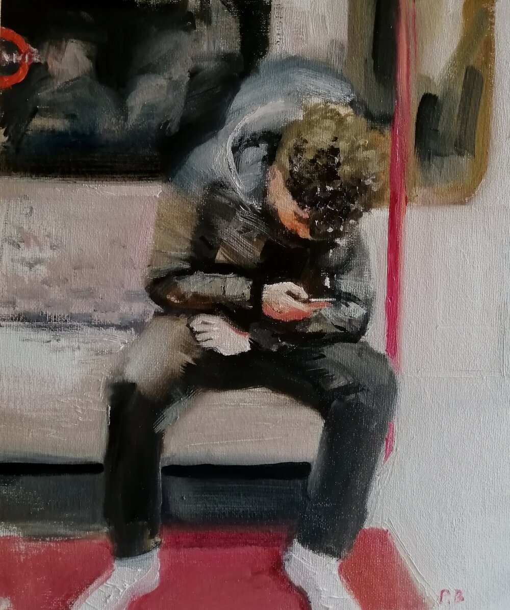  Underground networks  Oil on board  26x31 cm  Currently unavailable  A boy on a train immersed in his phone - any kid anywhere. 