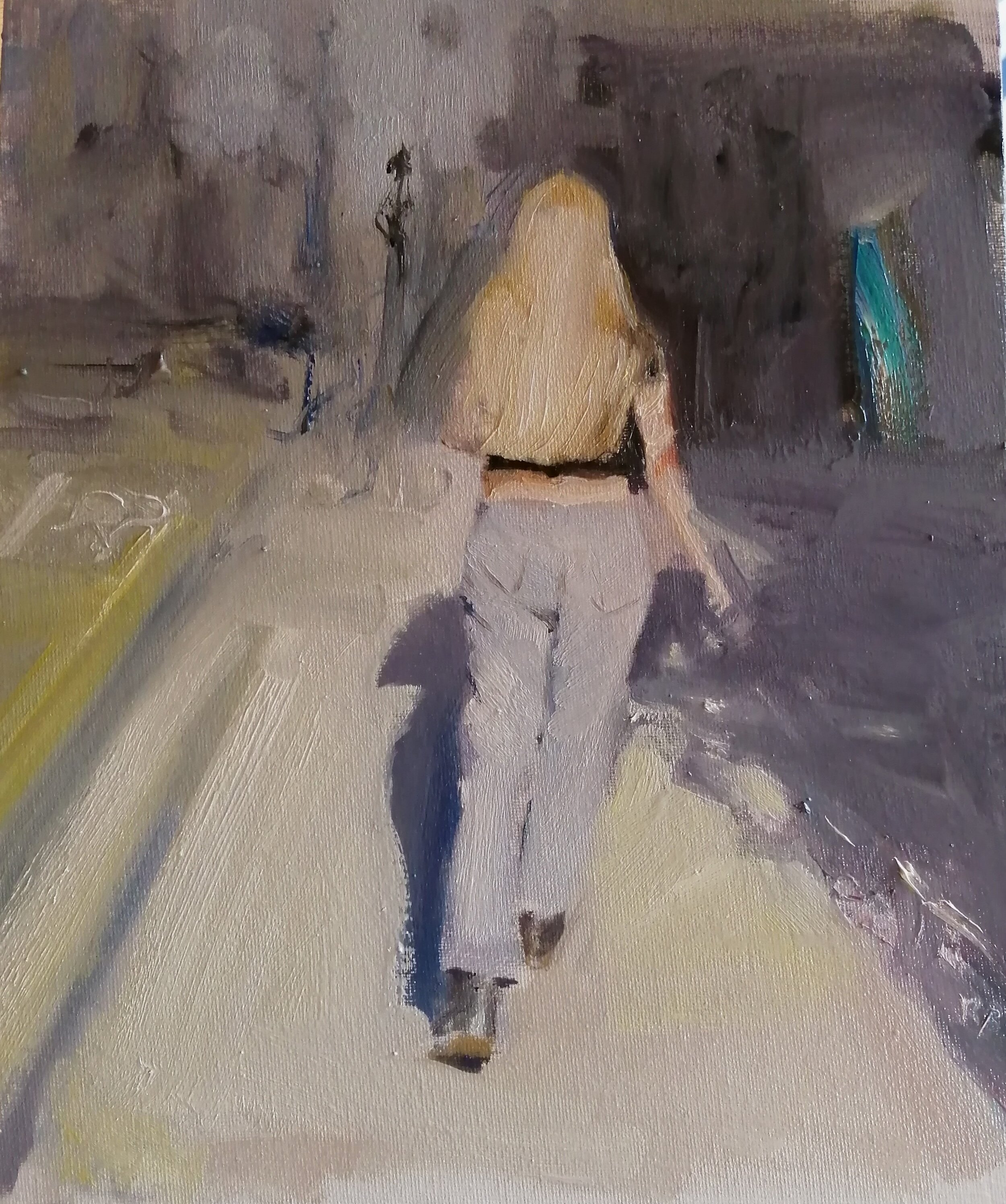  Long London shadows  Oil on board  26x31 cm  £400  Late September shadows on a London street, and a girl with spectacular blonde hair walking briskly in the sunshine. Painted in an impressionist style with the intention to highlight the girl's golde