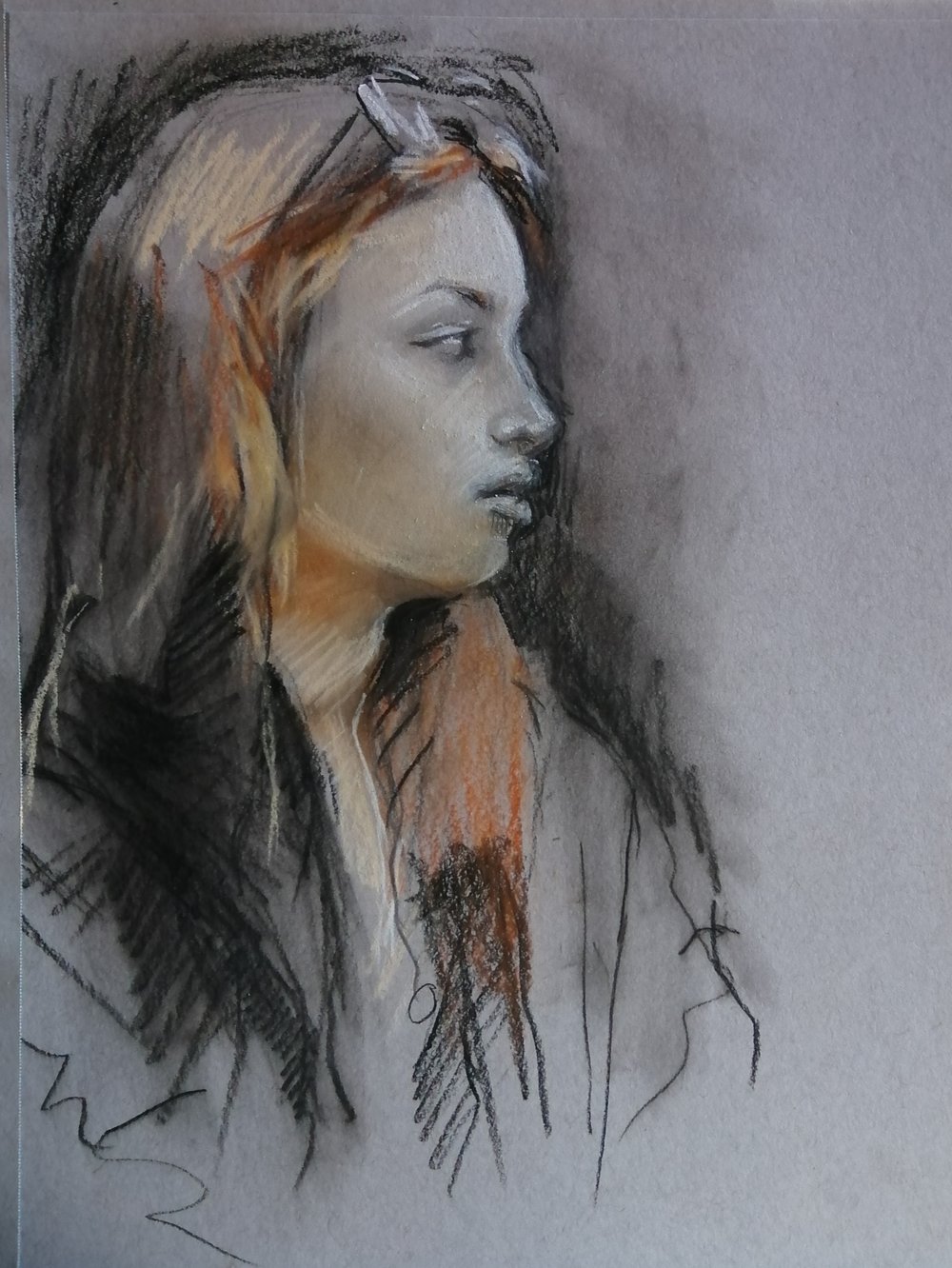  Girl in a leather jacket  Charcoal and pastel  30x40cm   