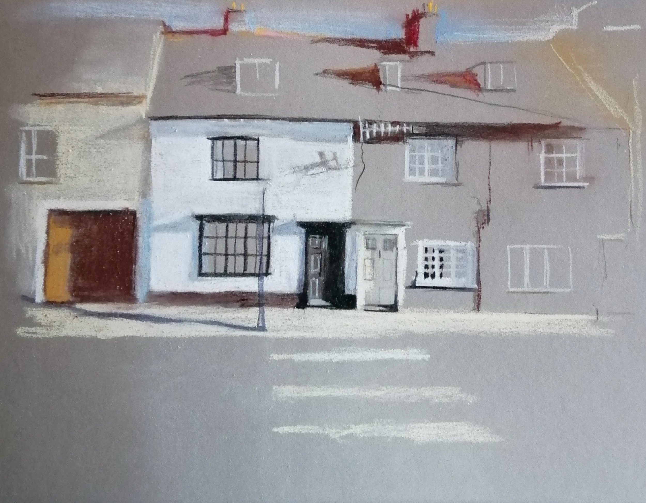  Houses  Pastel and pencil  not currently available  This pastel and pencil drawing has a sense of depth and three dimensions with the use of light and shadows, and the zebra crossing in the foreground gently leads the viewer towards the subject.. Th