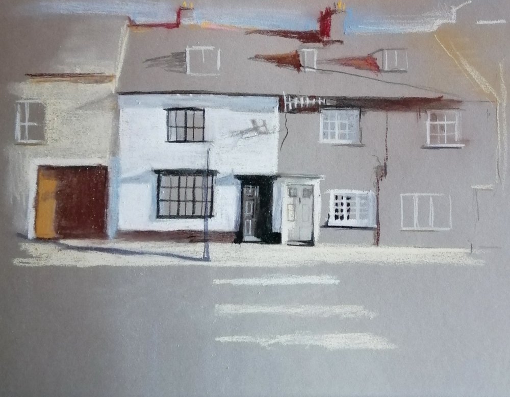  Houses  Pastel and pencil  not currently available  This pastel and pencil drawing has a sense of depth and three dimensions with the use of light and shadows, and the zebra crossing in the foreground gently leads the viewer towards the subject.. Th