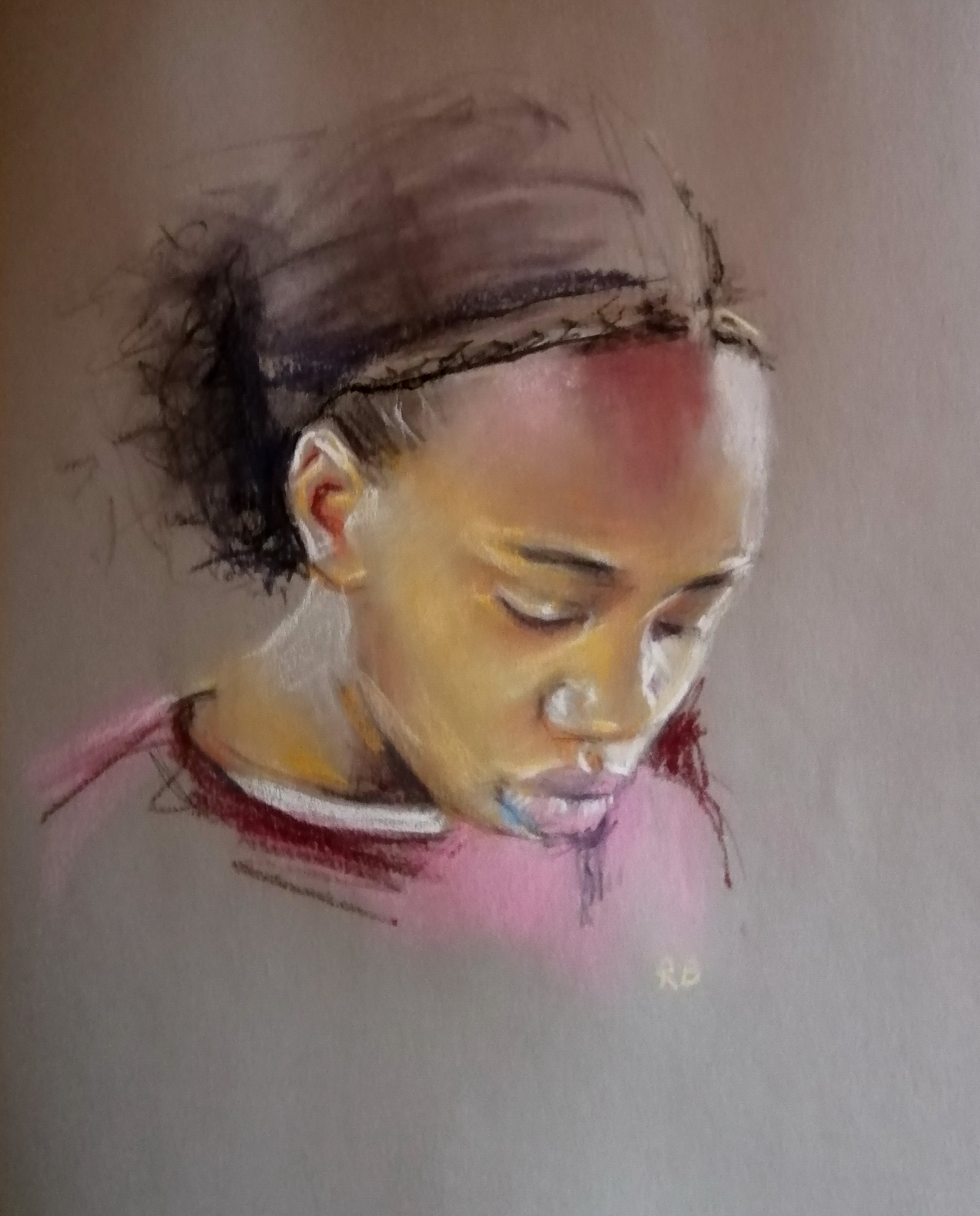  Surfing  Pastel and pencil  £400  A soft pastel drawing of a young girl deep in thought as she concentrates on her phone, surfing the internet. The ambiguous title, which could take us either inward, surveying the internet, or out on the ocean waves