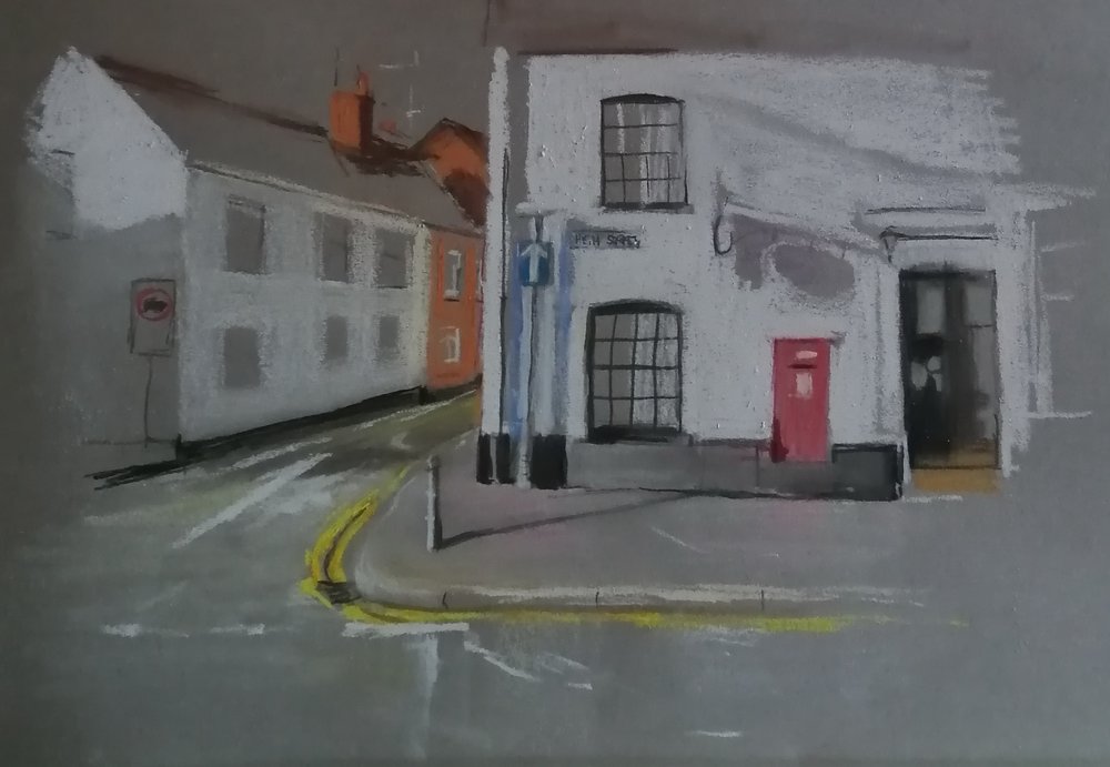  Street corner  Pastel and charcoal  40x30cm  £400  A sunny drawing in soft pastel and charcoal, of a street corner in a Wiltshire village 