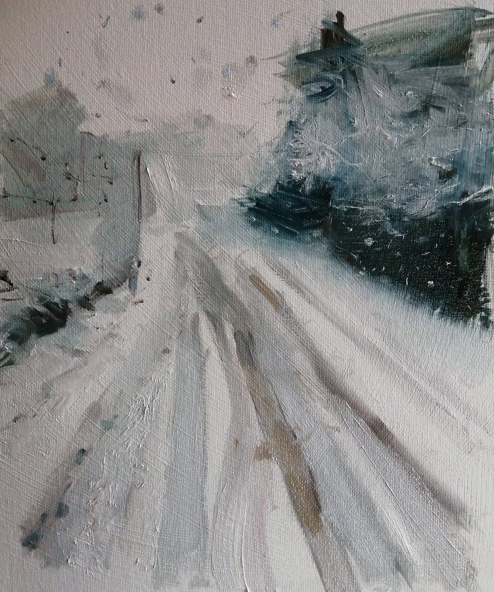  Tracks in the snow   Oil on board  SOLD  The textures and colours made by car and foot tracks in fresh snow in the depths of a Wiltshire winter. Painted in an impressionist style, this painting epitomizes this time of the year when gentle snow flake