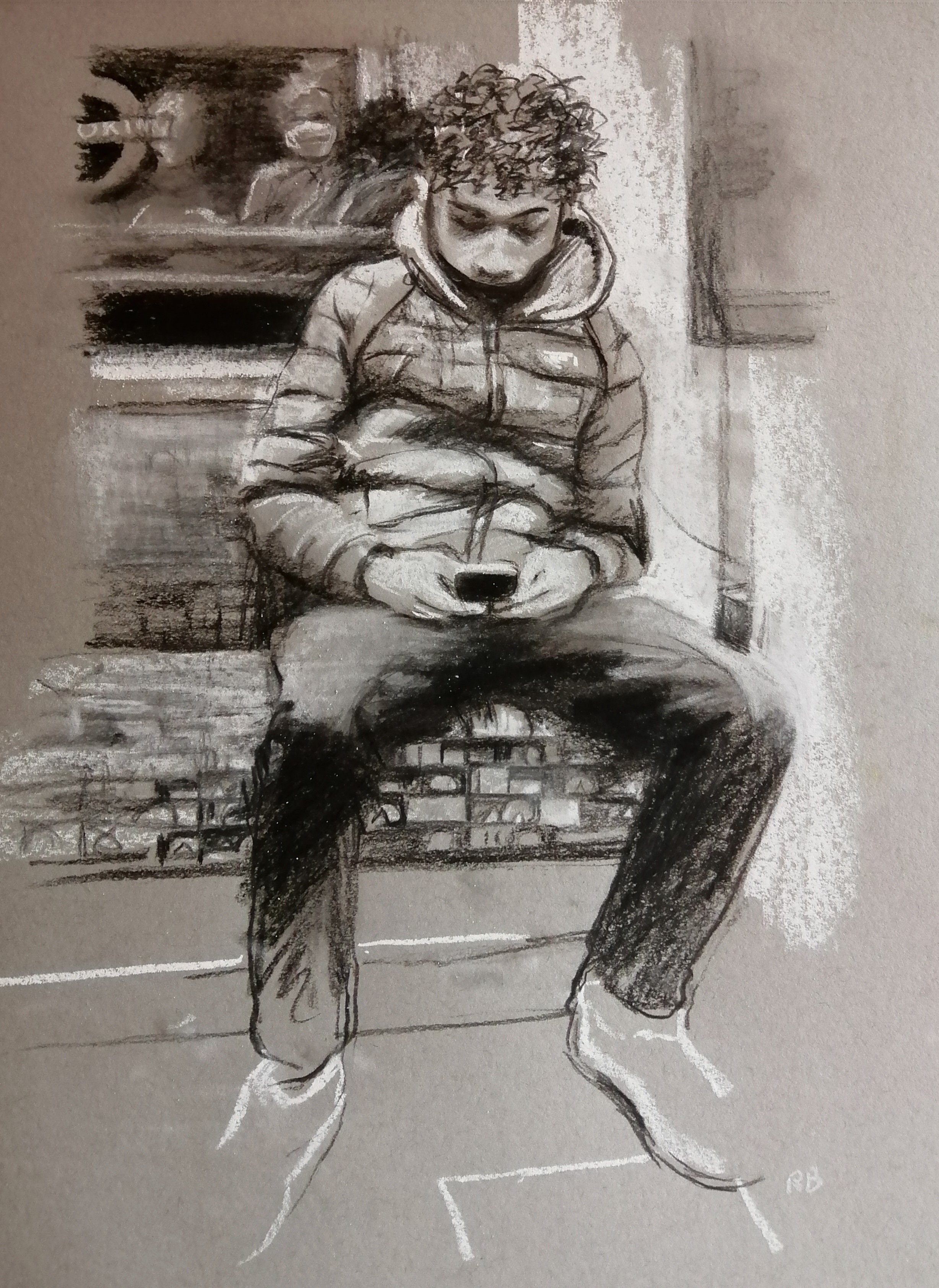  Networks  Charcoal and pastel  Currently unavailable  Boy on an underground train studying his phone 