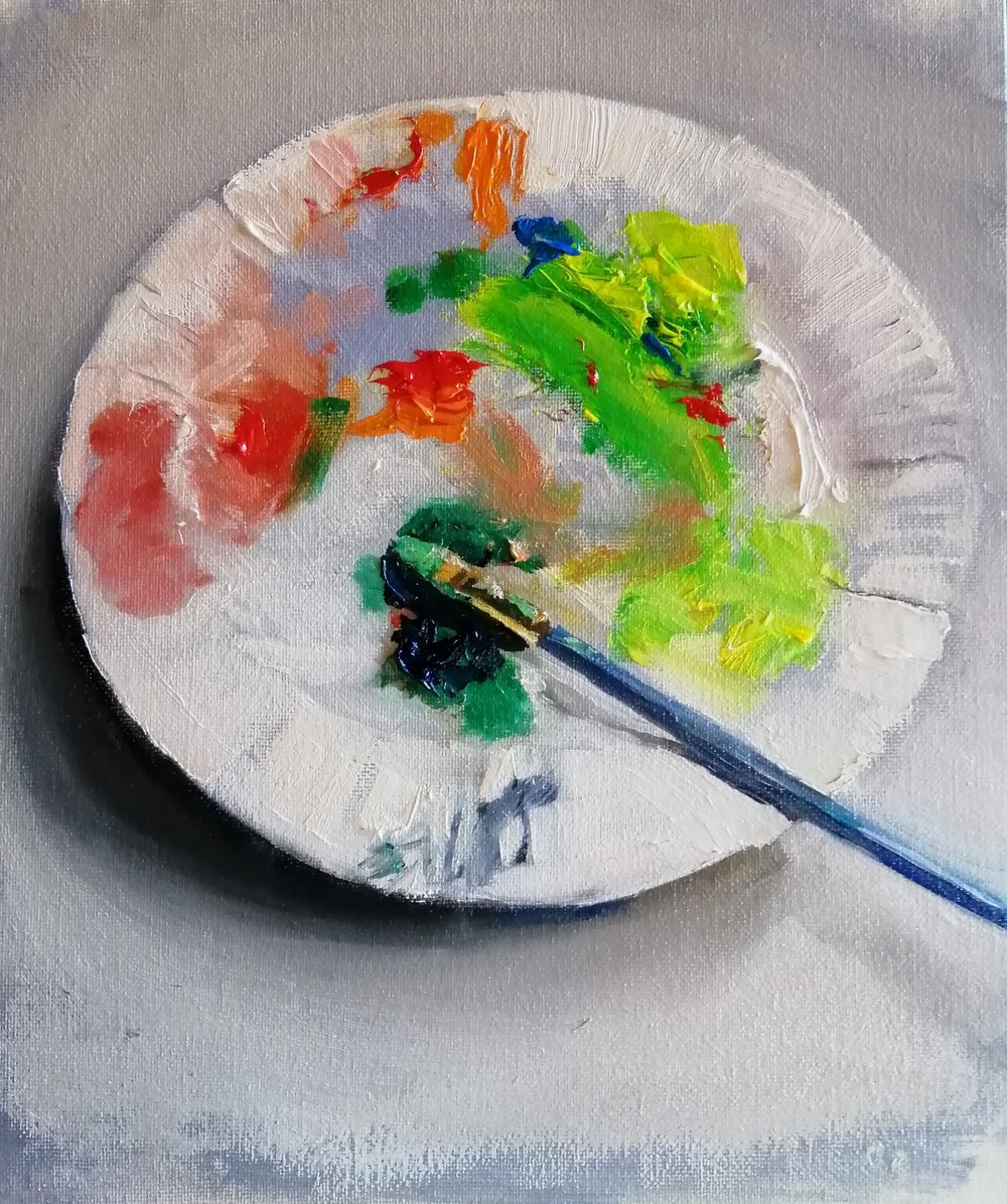  Paper palette  26x31cm  Oil on board  not currently available  The paint palette used to paint the painting of the paint palette. A colourful and playful still life painting which blurs the edges between illusion and reality 