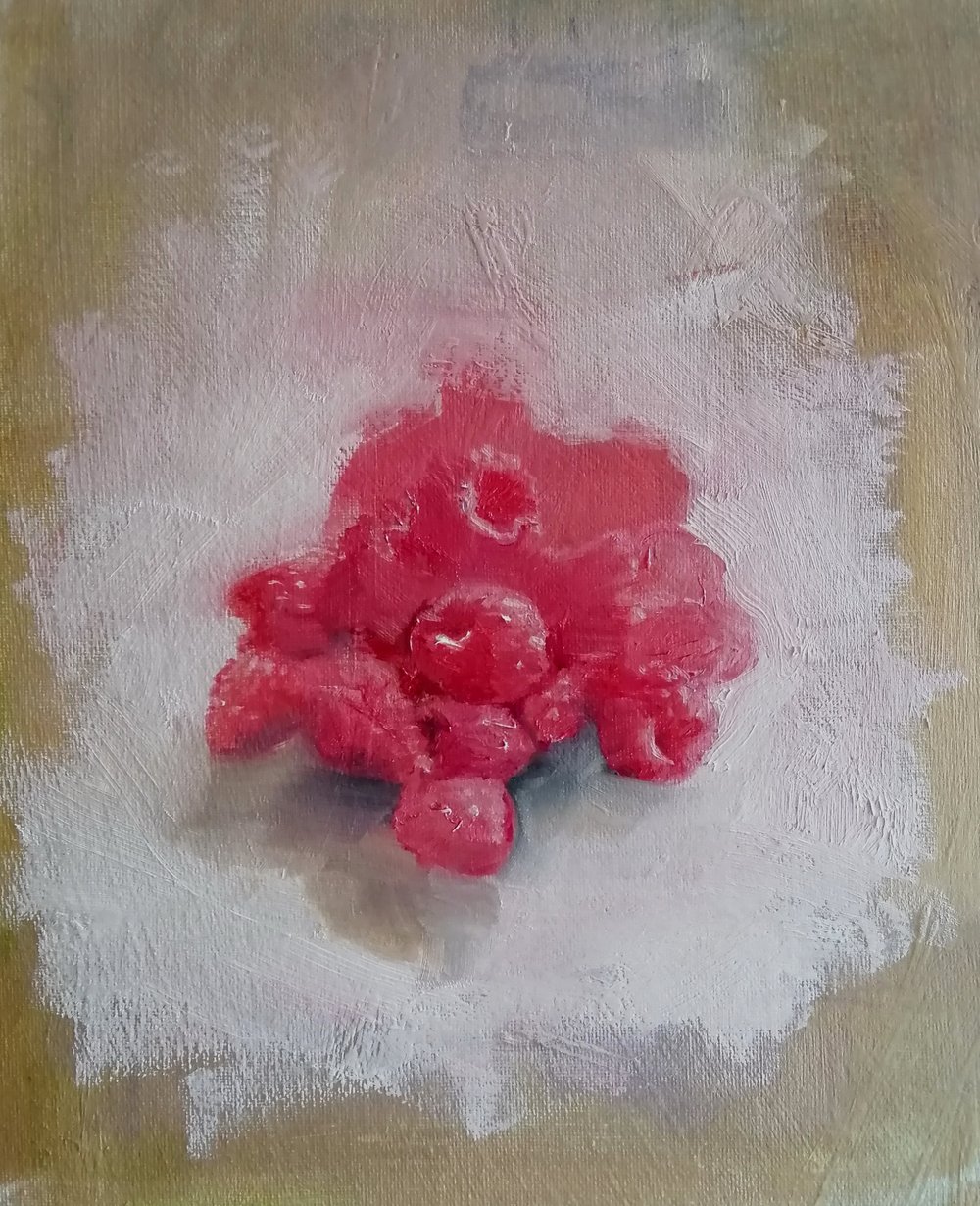  Raspberries  Oil on board  26x31cm  SOLD  The softness of the raspberries is captured in this impressionist still life painting 