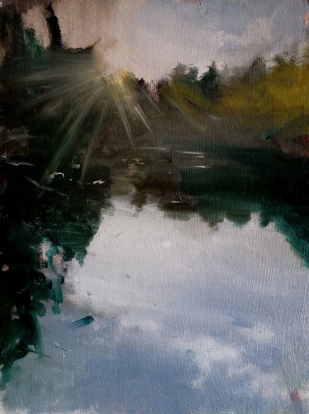  Sunrays  Oil on board  39x49cm  £400  Sunrays and reflections in a lake. 