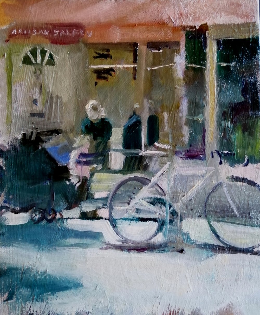  Seat on a Chelsea street  2022  Oil on board  26x31cm  £400  A contemporary impressionist painting of a woman and child outside a patisserie in Chelsea, London, on a bright summer day. Bright light and shadows add atmosphere and energy to this vibra