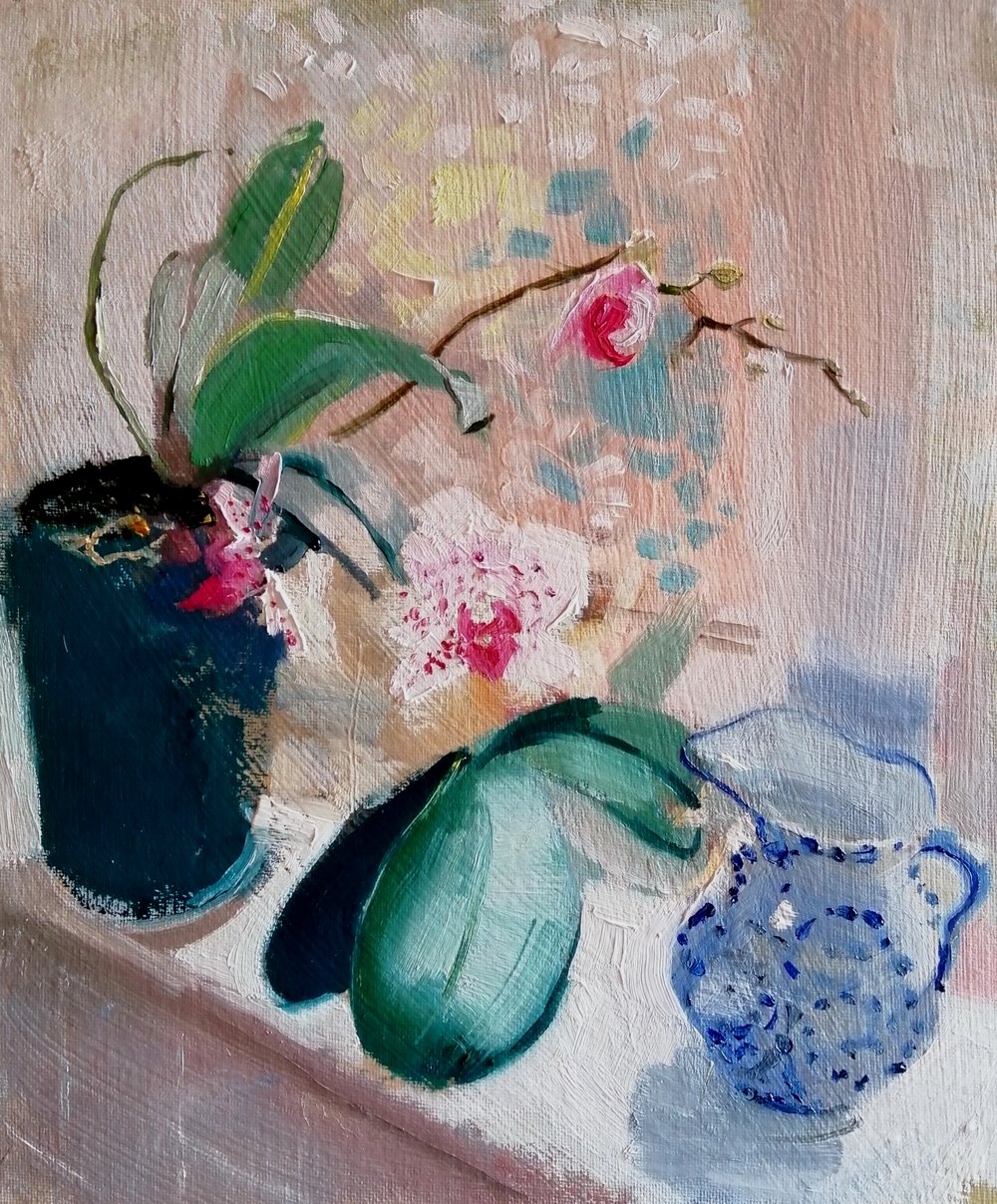  Frosted glass  26x31cm  Oil on board  A bathroom windowsill with orchids and a jug. Painted in an impressionist style, this painting features light and, and the dabs of colour coming through the textured glass. 