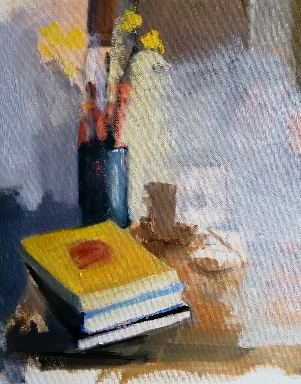  Daffodils and books beside my bed    Oil on board  26x31cm  SOLD  An impressionist sketch of books and flowers on a bedside table. Atmospheric and intimate 