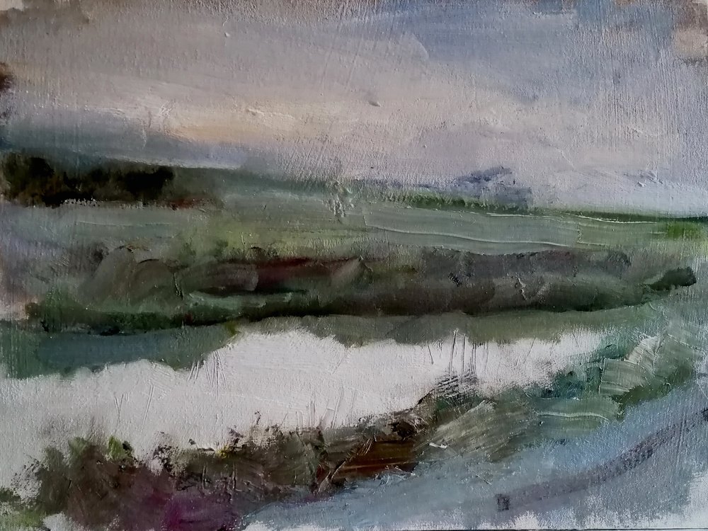  Puddle  Oil on board  31x26cm  £400  An atmospheric impressionist painting of a puddle in the Wiltshire countryside at sunset 