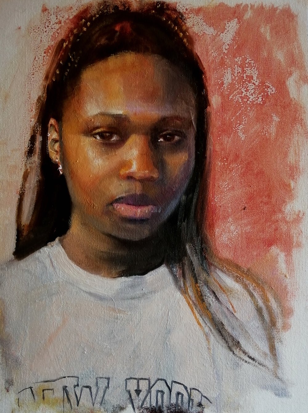  New York Teeshirt  Oil on board  £500  This portrait of a girl in a New York tee shirt is enigmatic and at the same time glorifies the skin tones and texture with free, expressive brush strokes. Painted in a style close to impressionism, nothing is 