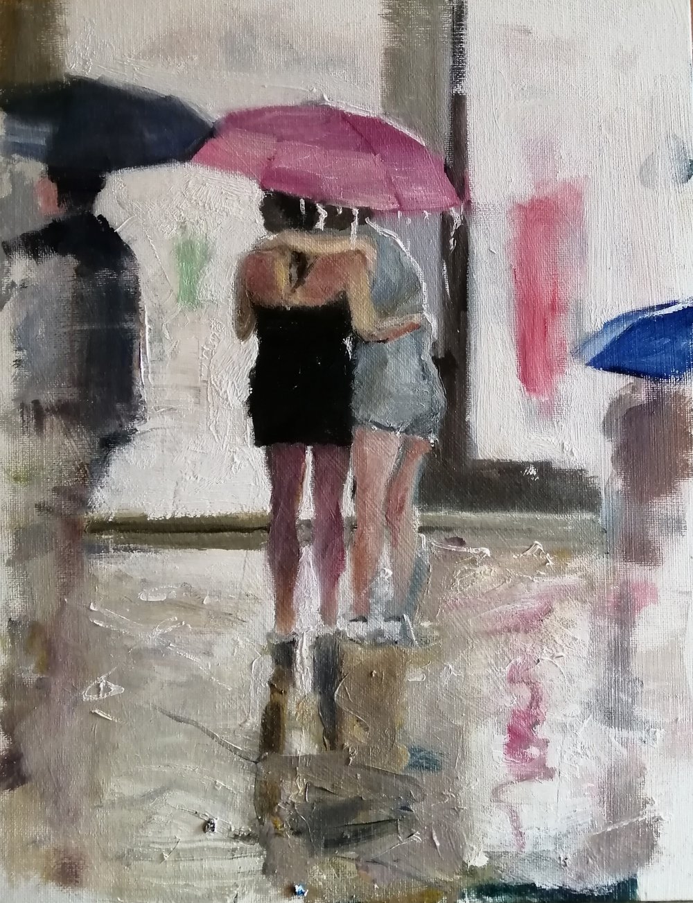  Umbrellas  2022  Oil on board  26x31cm  £400  An impressionist painting of two women caught in the rain, huddling under an umbrella. The back lighting from the shops and the semi abstract gestural treatment of the wet pavement add drama and colour t