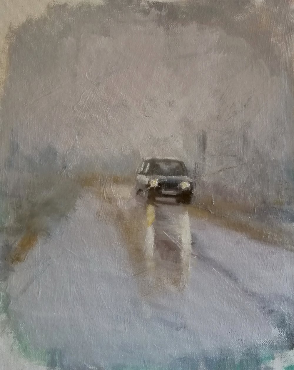  Headlights  Oil on board  28x36cm  SOLD  An atmospheric painting of a car on a wet road emerging through the fog and rain. The headlights reflect on the wet surface of the road, and the image may remind us of treacherous driving conditions as we sea