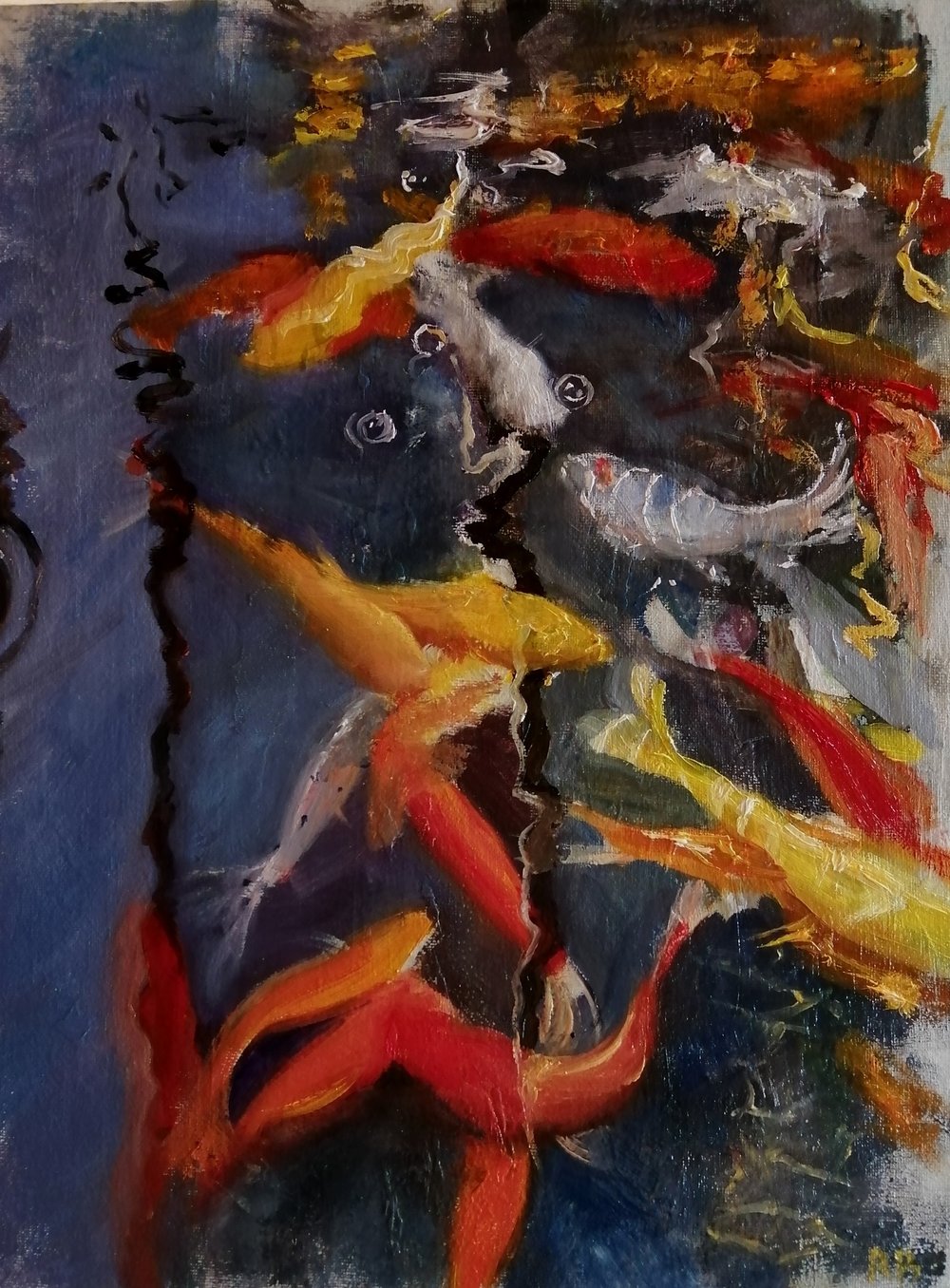  Goldfish  Oil on board  31x41cm  SOLD  A colourful painting of goldfish in a tank, full of movement and vitality. Bubbles and reflections add energy and drama, as well as a semi abstract element. 