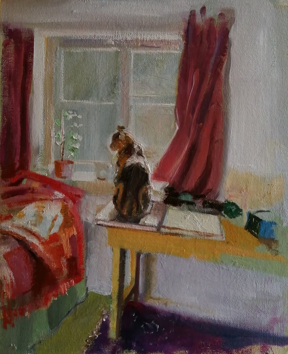  The spring sunshine  Oil on board  26x31cm  This modern impressionist painting celebrates the spring sunshine pouring through a window across a table on which the artist's cat sits. An everyday scene is captured and bathed in light. 