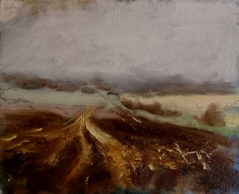  Silver and gold Wiltshire landscape  Oil on board  31x26cm  A silver sky and golden remains of last year's crops form a subtly colourful rural English landscape. Atmospheric and slightly misty we can almost fill the chill air of an early spring day 