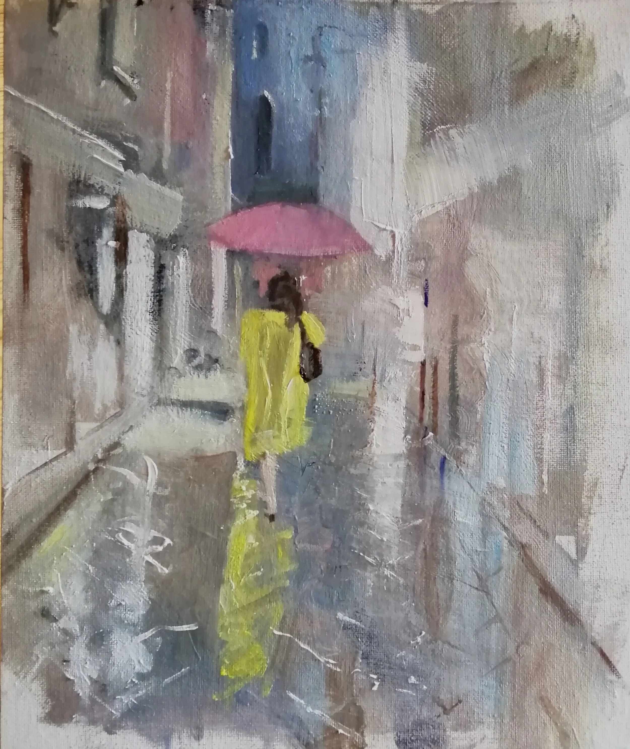  Yellow raincoat  Oil on board 26x31cm  £395  An impressionist painting of a woman wearing a yellow raincoat walking in the rain on a street in Venice. The lighting from the shops reflects and highlights the pattern on the wet paving, and there is co