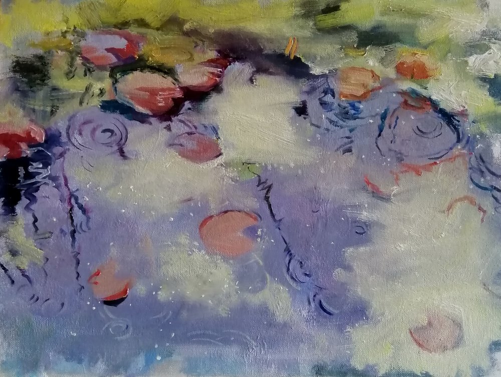 Rainwater  Oil on board  41x31cm  Gestural marks give a painterly quality to the ripples and reflections in this artwork 