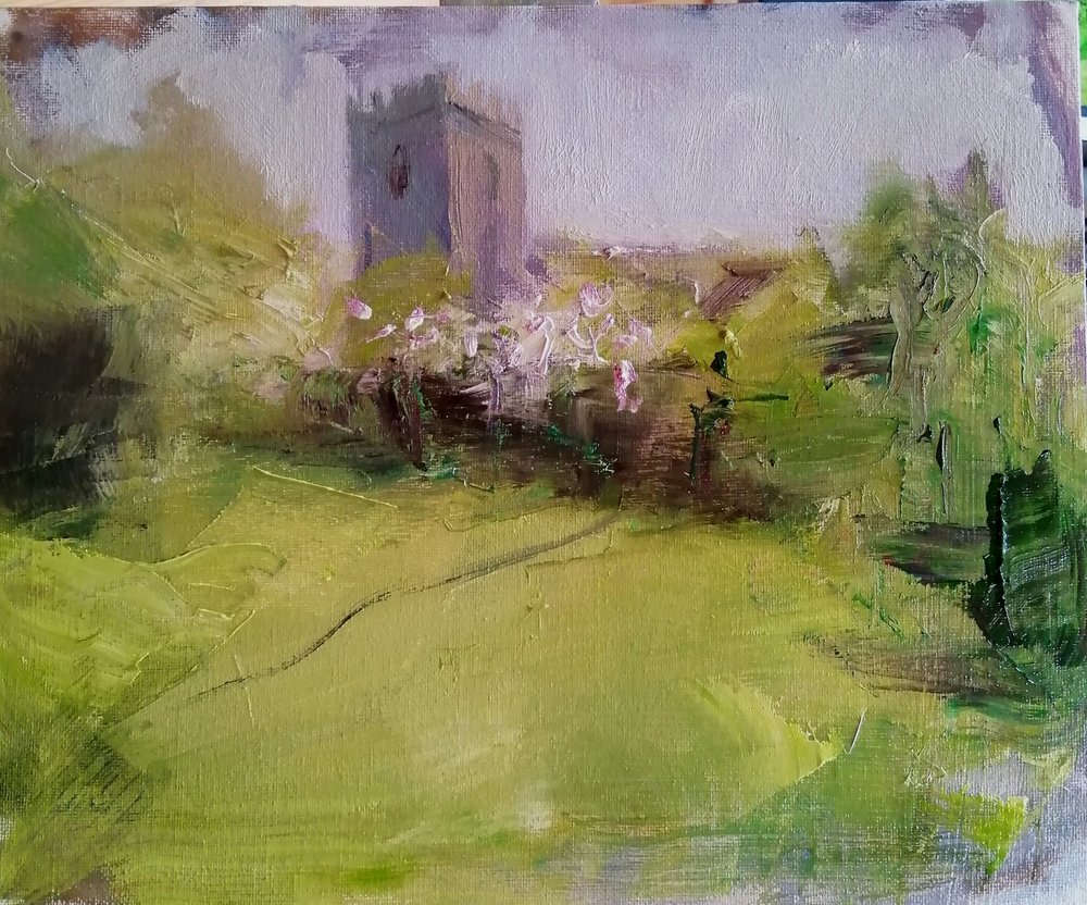  Lost in time  Oil on board  31x26cm  £430  A modern impressionist of a church painted in spring time from the artist's garden. The soft spring sunlight is evident in the colours of this painting, and the title brings to our attention the timeless qu