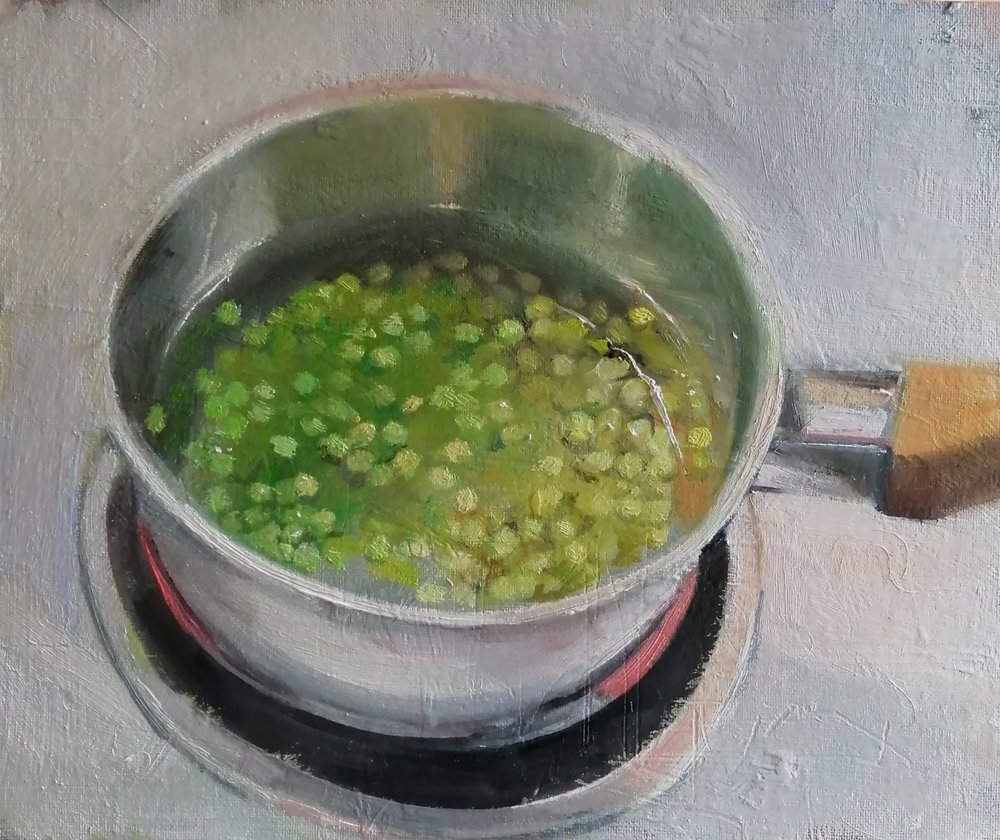  Peas in a pan  Oil on board  31x26cm  £500  A still life painting of peas boiling in a pan. Exhibited at Wells Art Contemporary Awards 2022 