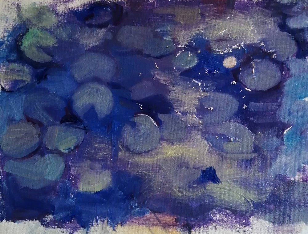  Moonlights  Oil on board  40x30cm  £430  An atmospheric impressionist painting of waterlilies and reflections at night. The light from the moon is scattered over the surface of the lilies and the deep blue water offering a still, haunting image 