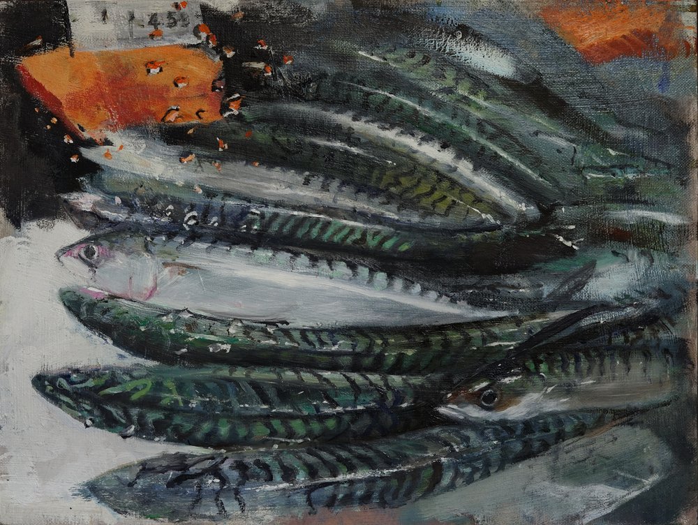  Frozen shoal  Oil on board  41x31cm  $400  exhibited at the RSMA 2022, Mall Galleries London  This still life painting of mackerel on ice in a supermarket contains a certain pathos in its very stillness. If we remember the fish alive, darting throug