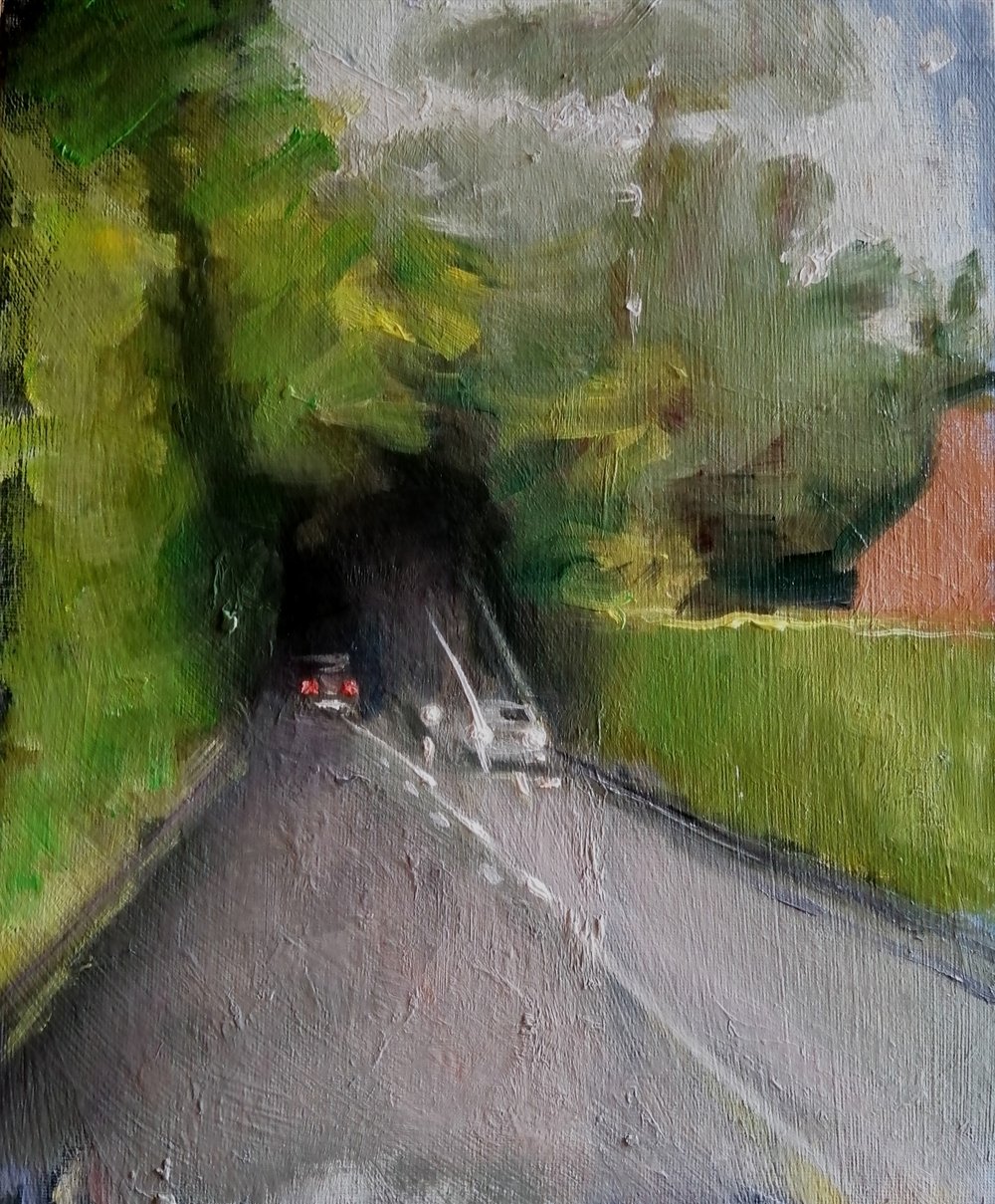  Cars  Oil on board 26x31cm  £400  A modern impressionist painting featuring car headlights at dusk, reflecting off the lines on a road in the English countryside. Atmospheric, and reminiscent of those return journeys we have all taken at twilight, w