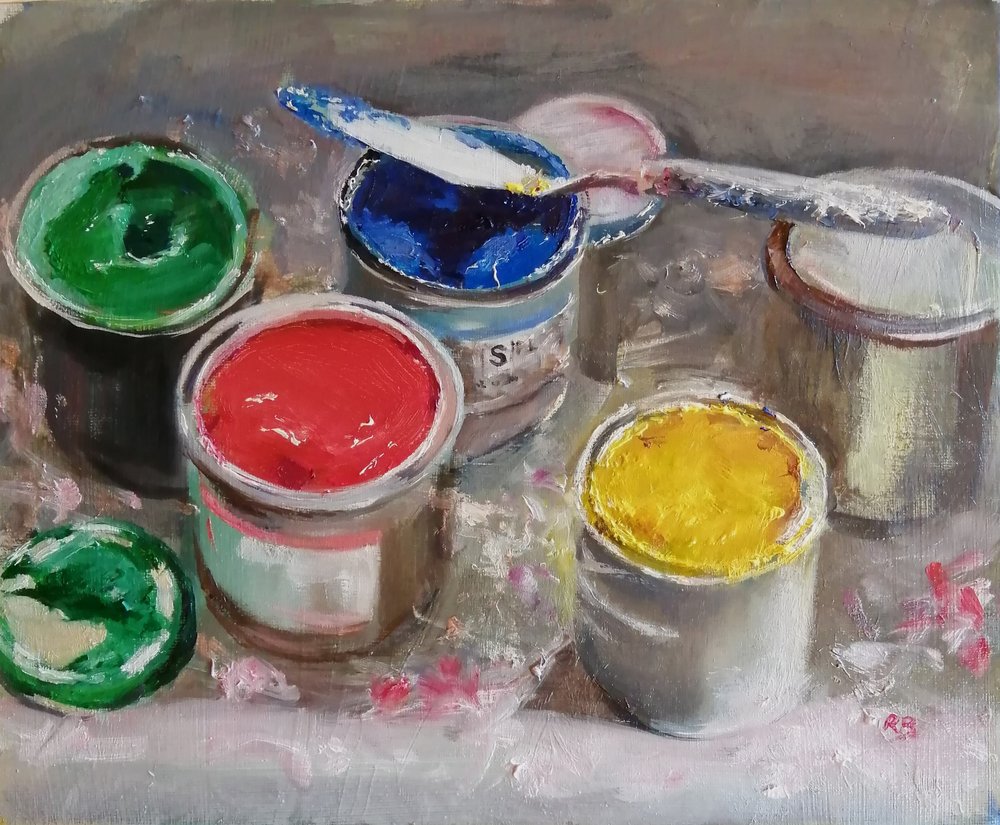  Spectrum paint  Oil on board  31x26cm  £450  A still life painting with a difference - painting paint. Tins of Spectrum paints, painted in a realist style, standing on a surface covered in random paint marks in an artist's studio. The textures and s