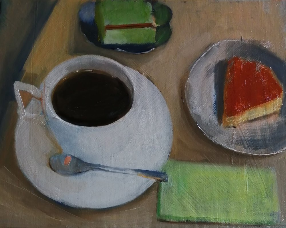  Black coffee  Oil on board  31x26cm  £430  A still life painting of black coffee and cakes, the outlines of which create a pleasing semi abstract geometric arrangement. Painted in a contemporary impressionist style with painterly brushstrokes this l