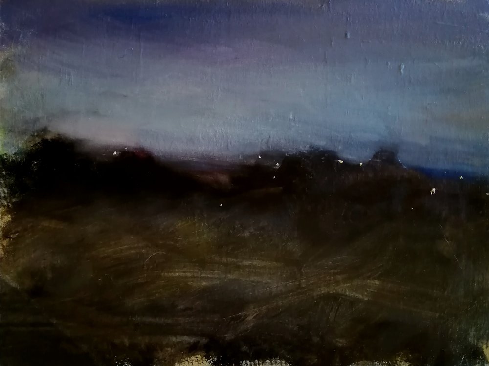  Distant lights  oil on board  40x30cm  £400  An atmospheric impressionist painting of an English rural landscape at dusk, with distant lights twinkling in the distance, giving depth to the scene, and reminding us of the presence of human civilizatio