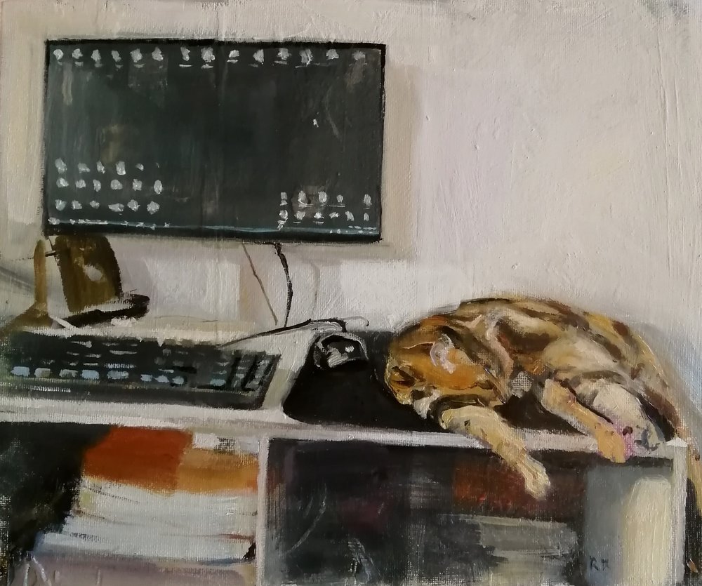  Cat and mouse  Oil on board  31x26cm  £400  A quirky little painting of everyday life - a cat making himself comfortable among the computer paraphernalia, including of course the mouse! Painted in a contemporary impressionist style with soft sweeps 
