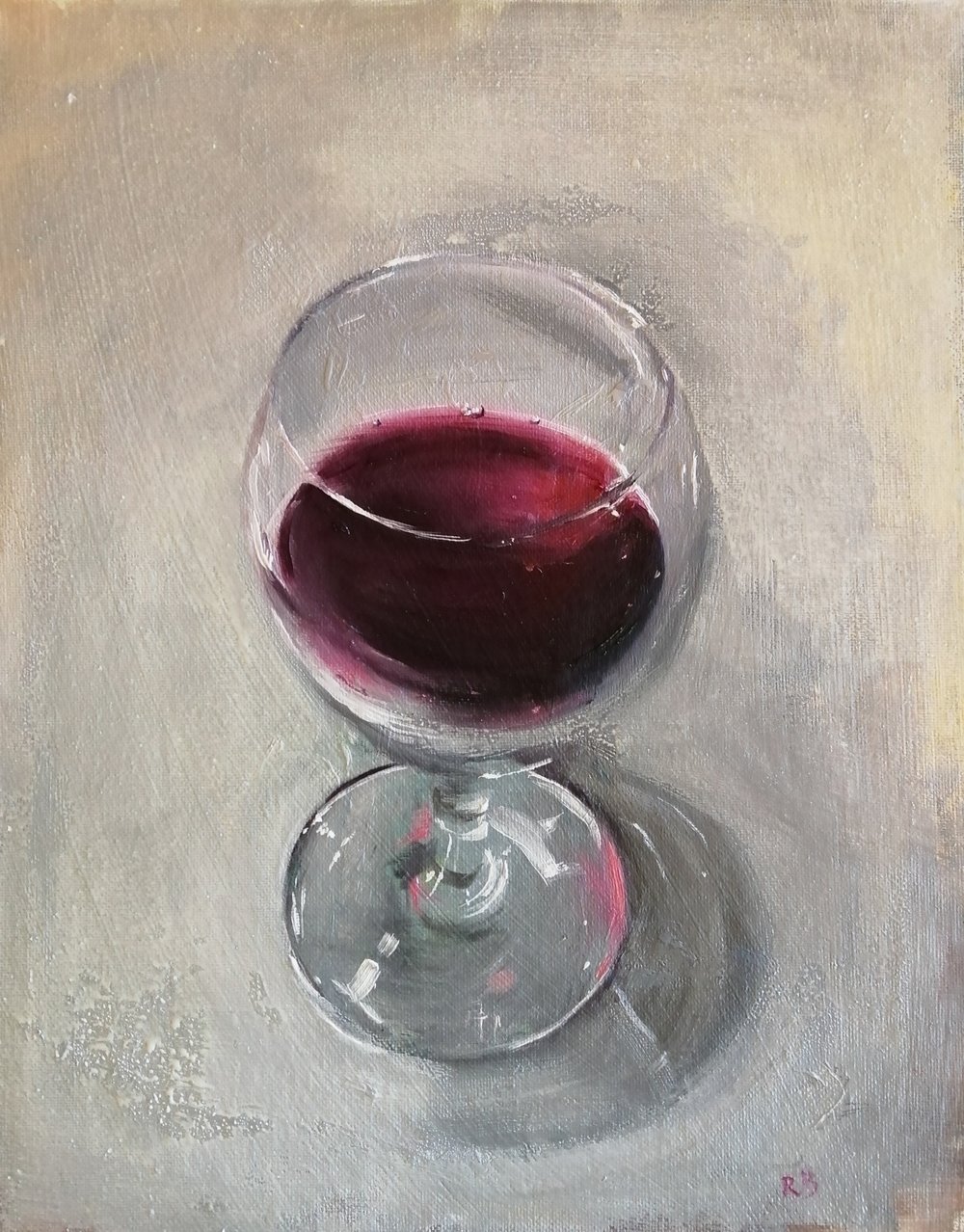  Red  Oil on board  28x36cm  not currently available  A still life study of a glass of red wine. I enjoyed reproducing the subtle shades, from the deep red in the centre of the glass, to the shallow shades around the edges and in the reflections on t