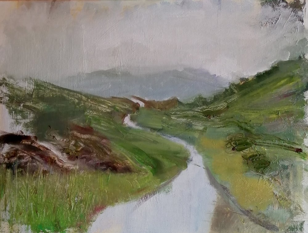  Road to the Highlands  Oil on board  40x30cm  £420  An oil sketch of a road weaving through the rugged Highlands of Scotland. Gestural marks and  subtle shades describe the array of colours and textures beside the road and reaching into the mountain