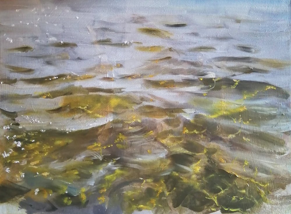  Beckoning water  Oil on board  40x30cm  £400  A semi abstract representation of shallow water at the edge of an expanse, rippling and lapping, creating patterns and flashes of light as it beckons the viewer to wade in. A mesmerising painting full of
