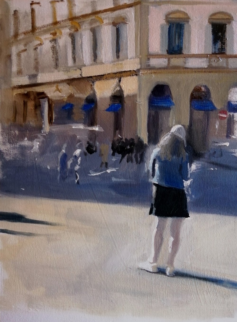  Florence  Oil on board  31x41cm  £420  An impressionist painting of a piazza in Florence, with a woman in the foreground checking her map. Indigo shadows and light bring atmosphere and energy to this painting, and the transient figure brings a conte