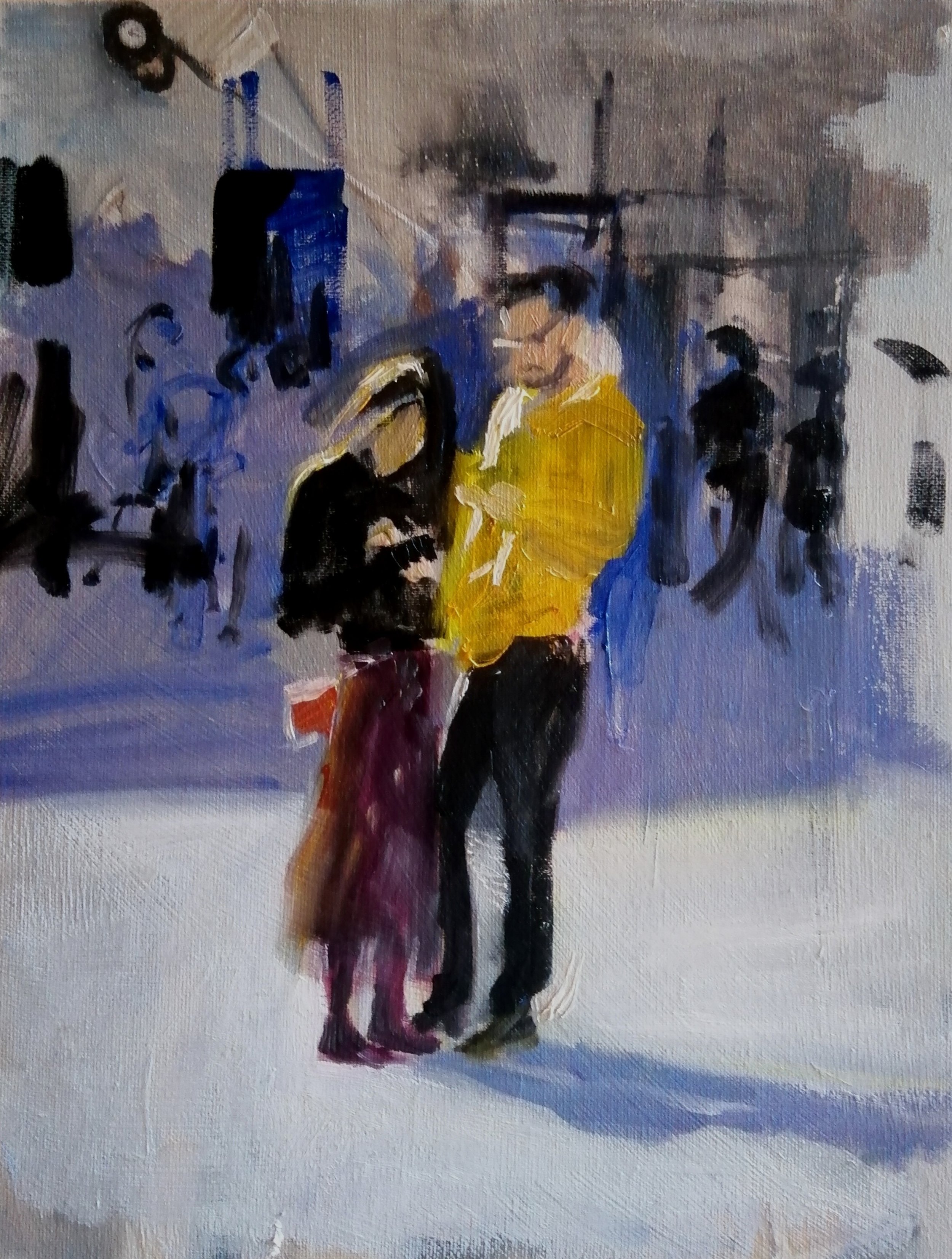  Violet shadows (oil sketch of Florence)  28x36cm  £395  A modern impressionist oil painting of tourists comparing notes on a piazza in Florence. The bright Italian sunlight casts vibrant shadows, and contrasts with the figures in the foreground, whi