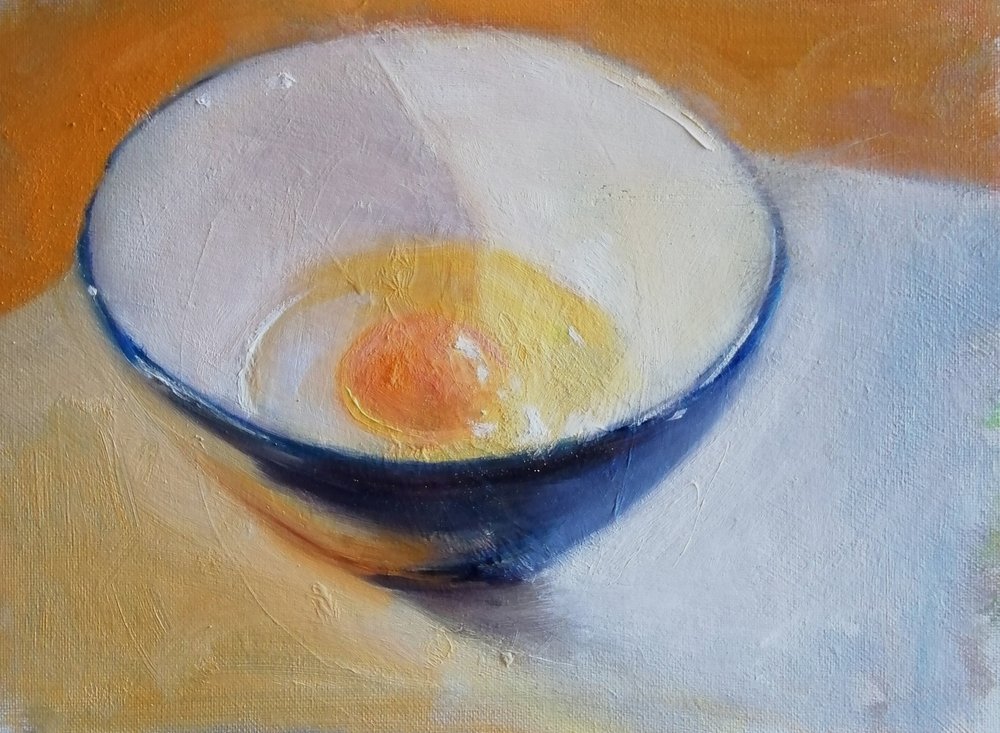  Bowl of egg  Oil on board  31x26cm  £395  A still life oil painting of an egg in a bowl. The circular motifs contained in both the bowl and the egg make a design which goes beyond the representation of the objects. Colourful, fun and quirky, this pi