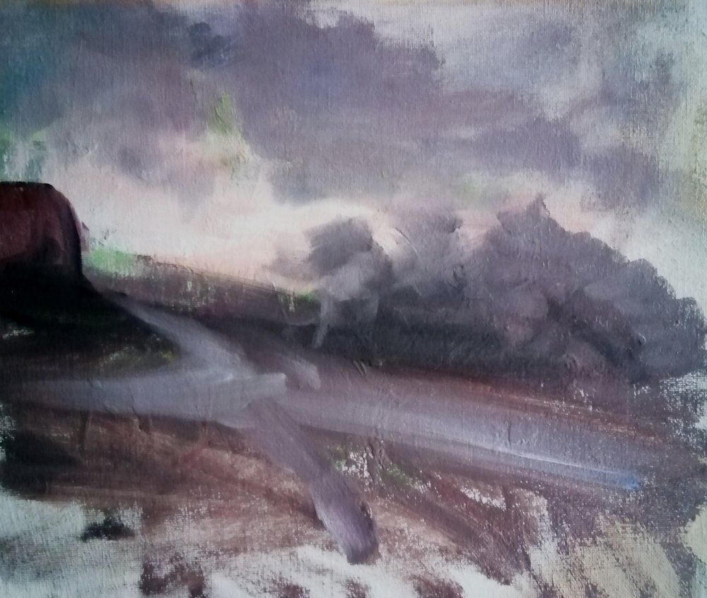  Salisbury sunset.  oil sketch on board  31x28cm  £395  A loose, atmospheric sketch of clouds hanging over the horizon as the sun sets on Salisbury Plain, a lonely location in the south of England. The colours are placed  with gestural marks, giving 