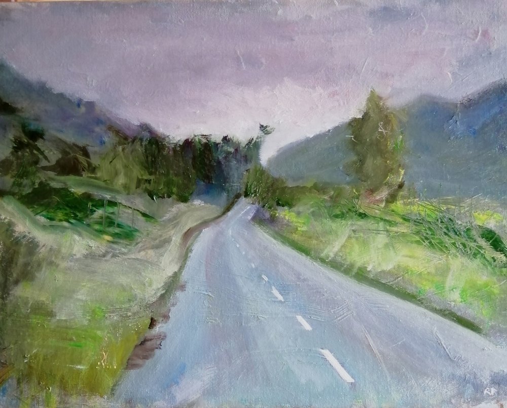  Onandon (Highlands)  Oil on board  40x30cm  £430  A road in the Scottish Highlands which seems to go on and on, hence the title. Painted with gestural, expressive sweeps of colour, this painting is full of energy and movement. The road we are on tak