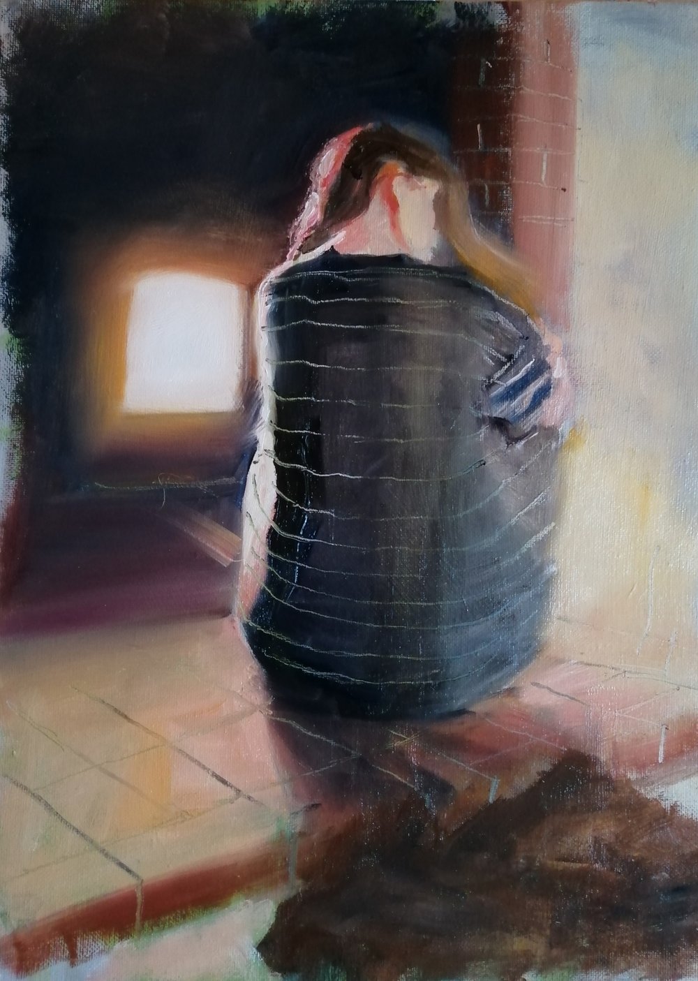  Drying her hair  Oil on board  30x40cm  £450  A painting of a girl drying her hair by a log burner; intimate and poignant, this painting would add a gentle and calm focus of interest to any setting 