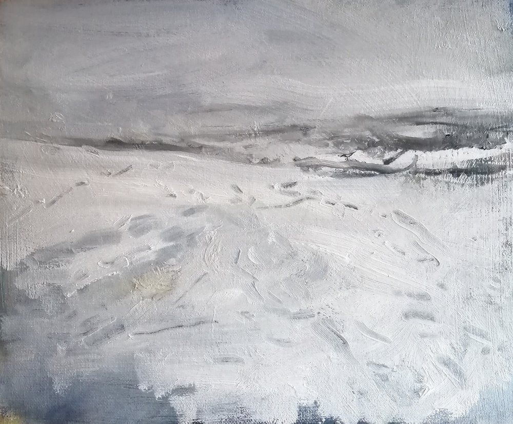  A snow day  Oil sketch on board  31x26cm  £395  Footprints left in snow, in a lonely part of rural Wiltshire in England. Sketchy and spontaneous, this painting conveys the cold as well as the residual energy of the people who enjoyed their time ther