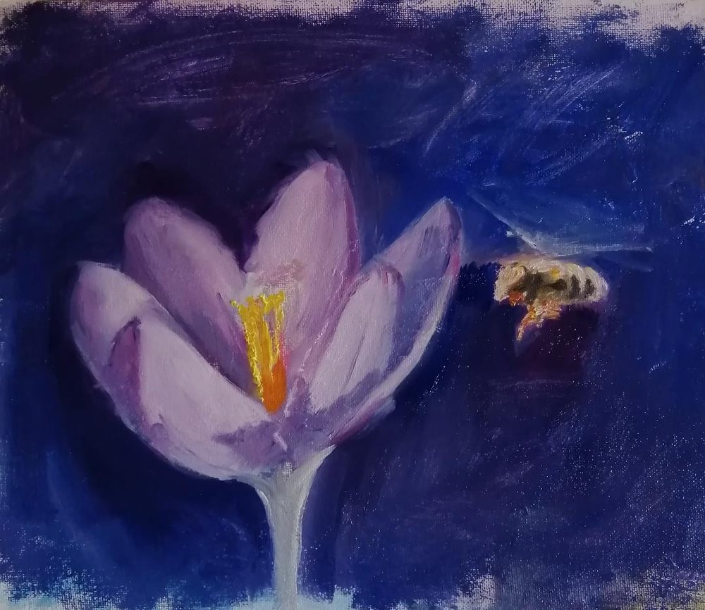  Zzz  Oil on board  31x26cm  £350  A colourful artwork containing a magical moment in the spring sunshine - a crocus heralding the onset of spring, and a bee finding a first offering of nectar. The cycle of the year restarting, and summed up in this 