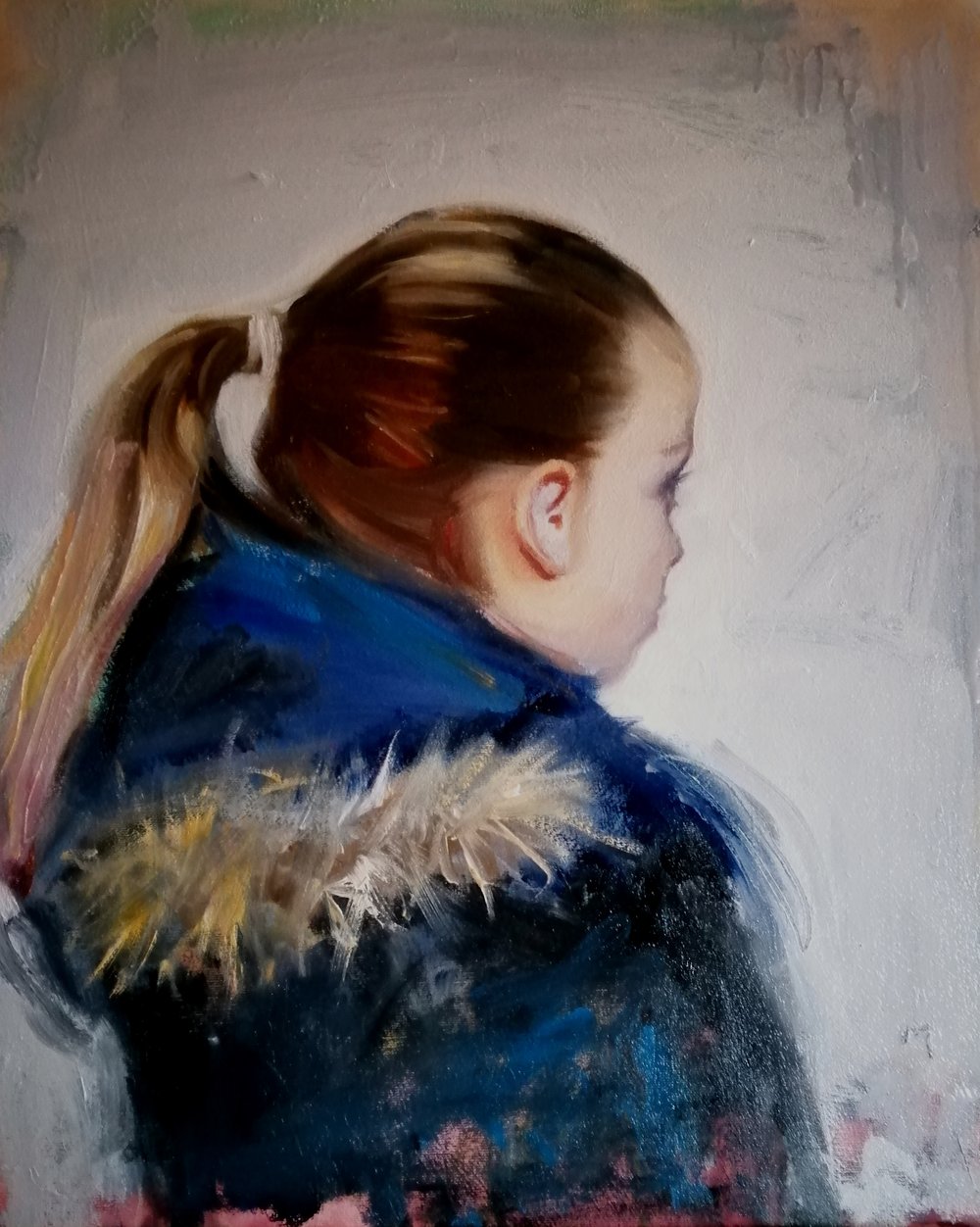  Ponytail and fur collar  Oil on canvas  40x50cm  £600  Portrait of a girl with a pony tail with a fur collar looking out into a white void, or light; whatever the viewer likes to imagine. Gentle and poignant 