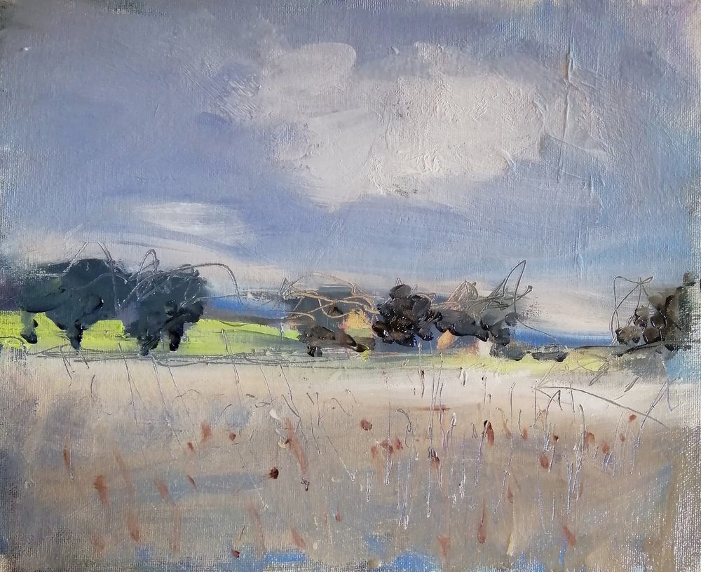  Dots and dashes, Wiltshire  Oil on board  31x26cm  £395  Oil sketch of Wiltshire 