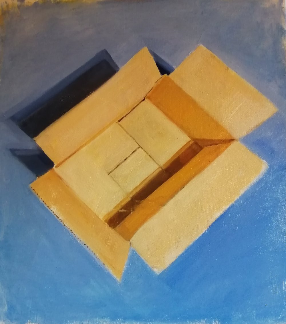  Amazon delivery  Oil on canvas  30x40 cm  not currently available  A still life painting of a cardboard box - a seemingly simple subject, yet the shadows and subjective connotations attached to it create complexity. Painted in a realist style the bo