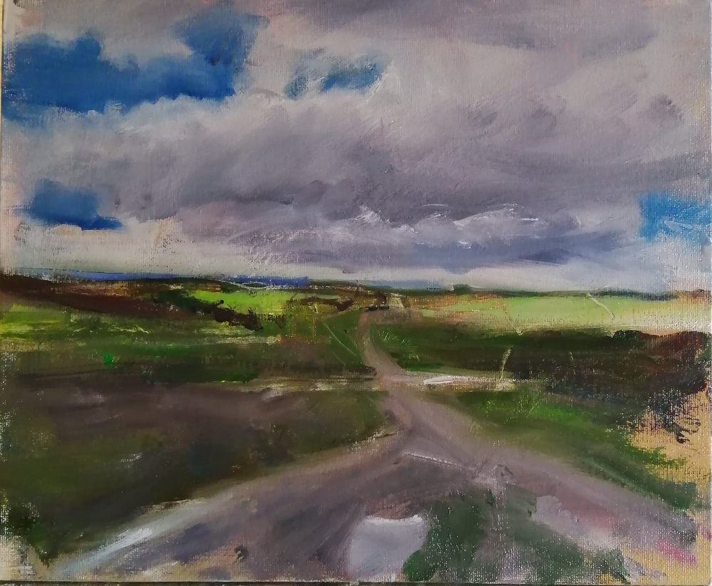  Crossroads  Oil on board  31x26cm  £395  An atmospheric landscape  painted in a semi abstract, impressionist style. The scene is a crossroads in the lonely, bleak setting of Salisbury Plain, England 