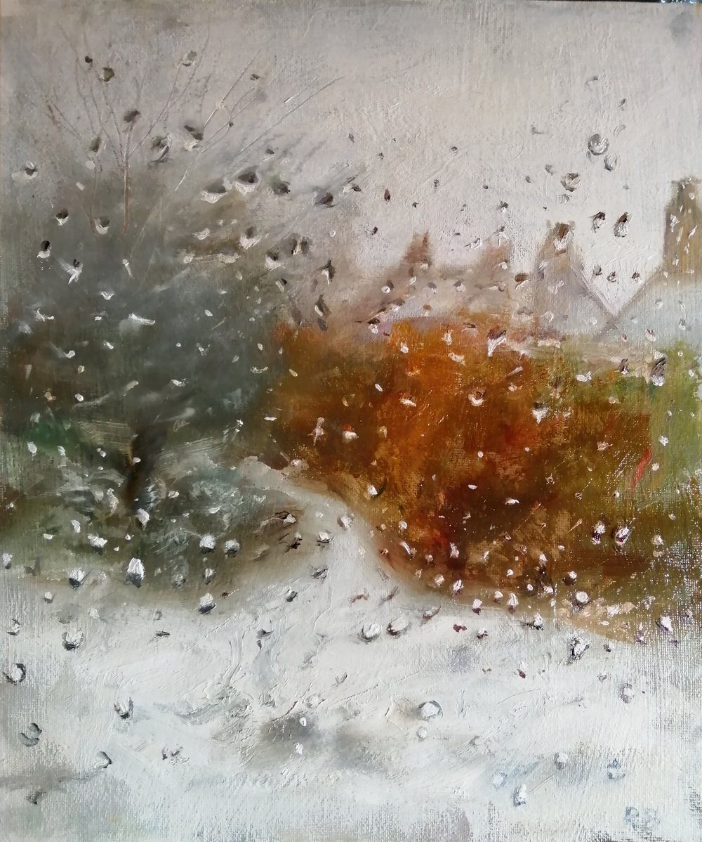  Melting snow  Oil on board 26x31cm  SOLD  Snow melting on a window makes an evocative image 