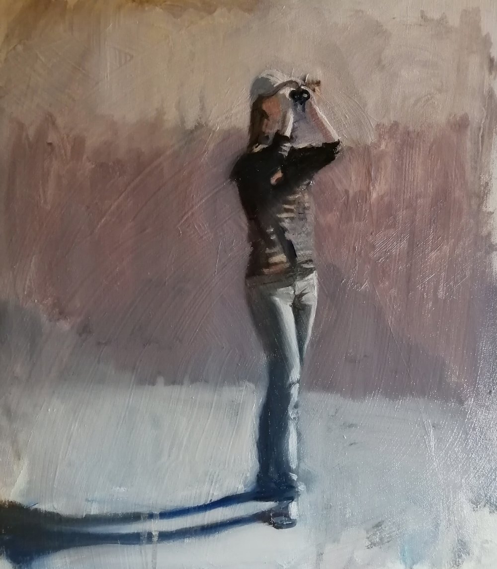  Binoculars  Oil on canvas  40x50cm  SOLD  An atmospheric oil painting of a girl looking towards the distance through binoculars. Painted with a restrained colour palette, this artwork is enigmatic, and quietly dramatic. 